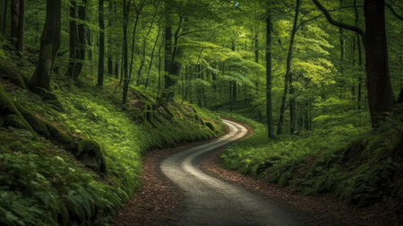 Winding road in the green forest. Panoramic image.の素材