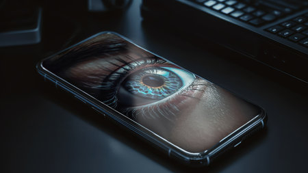 A smartphone with an eye on the screen, cybersecurityの素材