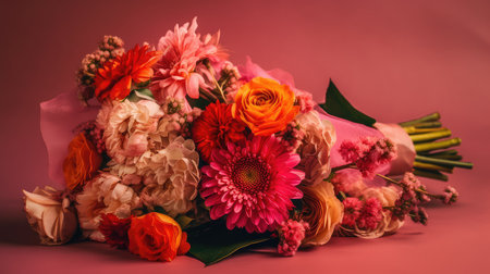Bouquet of different flowers on a pink background. Studio photography. Mother's Day, Valentine Day, Anniversary, Springの素材