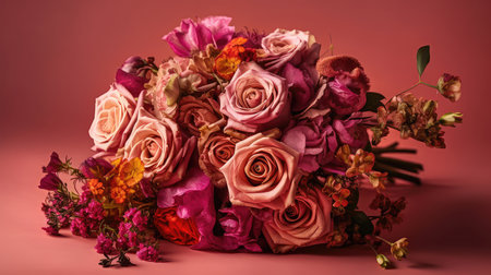 Beautiful bouquet of flowers on a pink background. studio shot. Mother's Day, Valentine Day, Anniversary, Springの素材
