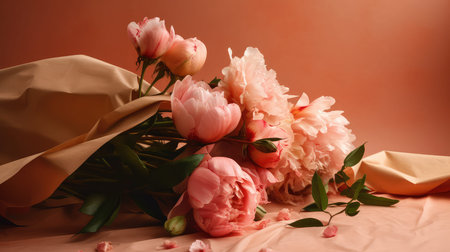 Beautiful bouquet of peonies on a pink background. Toned. Mother's Day, Valentine Day, Anniversary, Springの素材