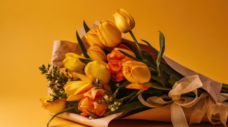 Bouquet of yellow and orange tulips on yellow background. Mother's Day, Valentine Day, Anniversary, Springの素材