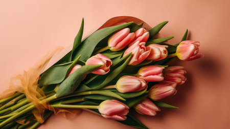 Bouquet of pink tulips on a beige background. Mother's Day, Valentine Day, Anniversary, Springの素材