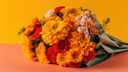 beautiful bouquet of chrysanthemums on orange background. Mother's Day, Valentine Day, Anniversary, Springの素材