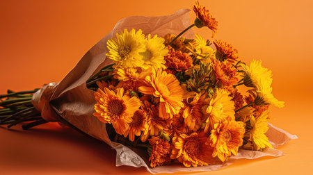 Bouquet of orange and yellow gerbera flowers on orange backgroundの素材