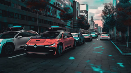 Cars parked in the city. 3d rendering, toned image. Self-driving car.の素材