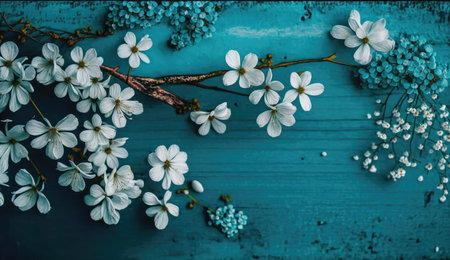 Beautiful white flowers on a blue wooden background. Toned.の素材