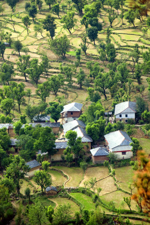 A top angle view of a hilly land designed for step farmingのeditorial素材