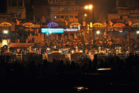 The Manikarnika Hindu cremation ghats on the Holy River Ganges (Ganga) in the sacred town of...