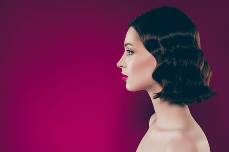 Tender profile side photo of charming tender woman look empty space naked shoulders isolated on...