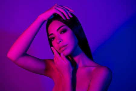 Photo of magnificent lady touch face hands abstract beauty procedure cream isolated gradient shine backgroundの写真素材