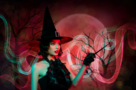 Collage of devil frightening mystic lady wear black dress gothic pointing wand isolated dark red smoke color backgroundの写真素材