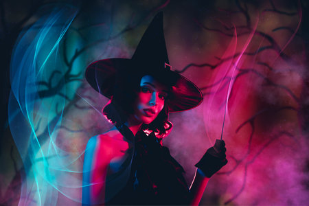Collage magazine banner of cruel scary mysterious woman wear gothic witch dress isolated dark...