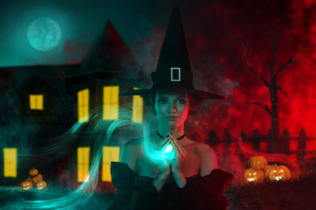 Image picture collage of happy wizard wicked lady hold locket pendant in dark mysterious haunting...
