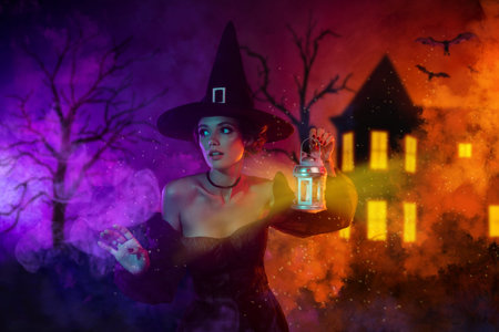Magazine poster collage of scared goth lady wander cruel demon woods cemetery with haunted castle...