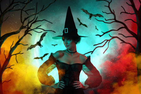 Magazine drawing mystery collage of wicked wiccan lady looking on dark haunted enchanted woods with flying batsの写真素材