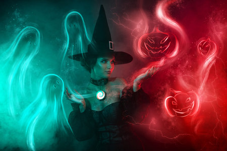 Banner picture collage of dark evil witch lady occult paranormal monsters on neon vibrant gradient...