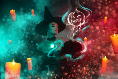 Magazine image collage of gothic wicked lady witch doing occult poltergeist magic stone locket on...
