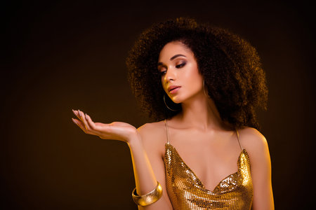 Portrait of lovely amazing lady hold empty space dressed trendy golden luxury outfit isolated on brown color backgroundの写真素材