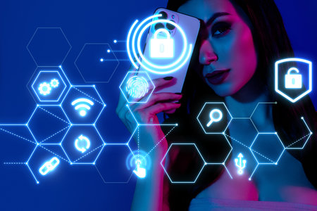 Abstract creative collage of woman use future gadget with apps data protection wifi connection sensor screenの写真素材