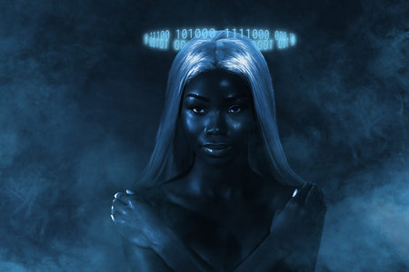 Collage 3d image of pinup pop retro sketch of lovely female hug self spa salon neon light clubbing cyber technologyの写真素材