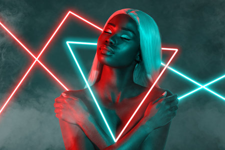 Composite collage image of hot stunning girl disco party modern cyber red green neon light clubbing...