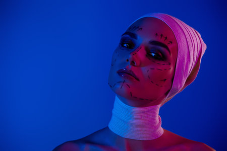 Photo of attractive girl in medical headwrap with correction lines prepare plastic surgery on vivid neon backgroundの写真素材