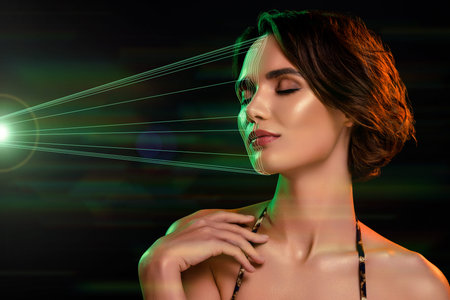 Creative metaphor collage of glamorous luxurious beautiful lady stand under green laser have identification processの写真素材