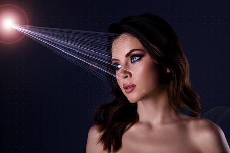 Creative collage of pretty lovely girl beauty studio salon makeup festive event scan face beauty device skin analyzingの写真素材