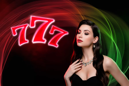 Artwork collage of stunning elegant girl casino fortune winner 777shiny lights isolated on black...
