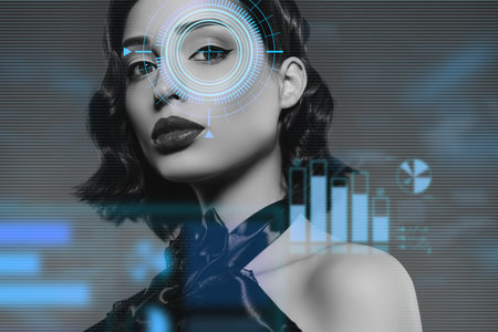 Creative 3d collage template of black white effect woman having face id analyzing skin condition for procedureの写真素材