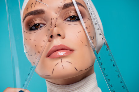 Close up photo of lady using ruler for measure face before plastic surgery isolated over cyan color backgroundの写真素材