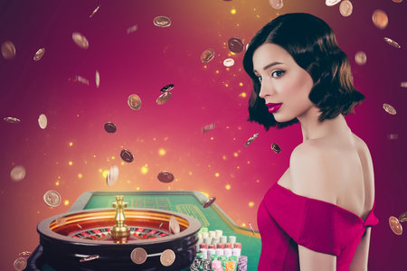 3d collage image of lovely stunning wealthy girl classy dress spin casino roulette wheel flying tokens chipsの写真素材