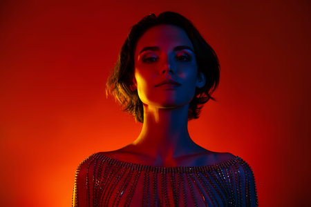 Photo of dreamy adorable woman naked shoulders dressed rhinestones chains isolated red neon color...