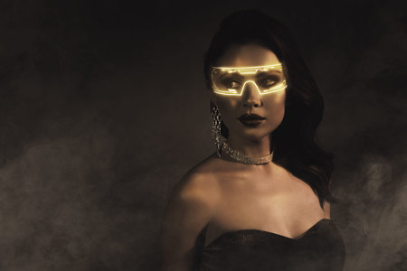 Composite collage picture image of stunning lady rich vr glasses precious jewelry neon light...