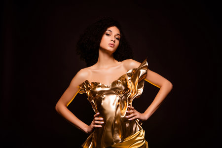 Photo of attractive lady hands on waist look posing isolated dark color backgroundの写真素材