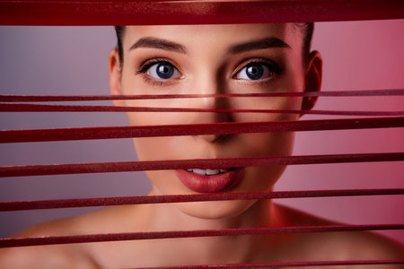 Photo of charming lady looking over open roller curtains isolated on grey color backgroundの写真素材