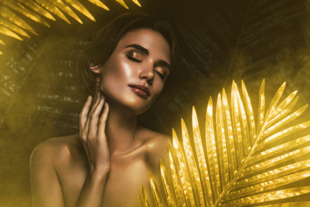 Collage 3d image sketch of stunning lady applying cream touch neck golden leaves aromatic parfum body balm lotion soapの写真素材