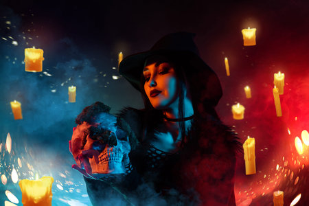 Surreal weird collage of lady witch hold show skull over flying candle blue red color mist...