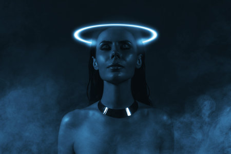 Composite photo collage of dreamy girl neon party disco light haircare beauty therapy isolated on painted backgroundの写真素材