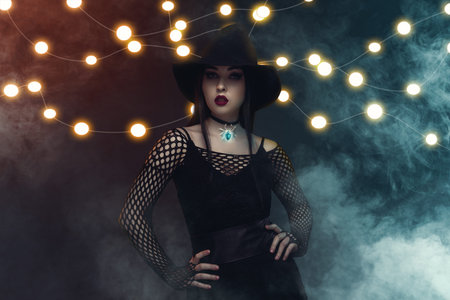 Creative weird collage of stunning lady in witch costume hold hands on waist stand over misty...