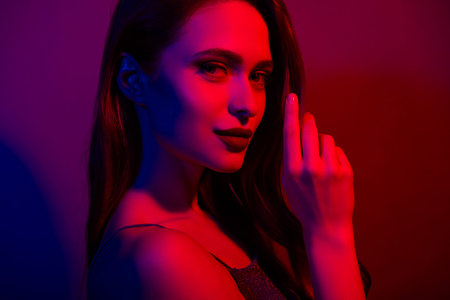 Close up photo of sexy lovely gorgeous girl lady isolated on neon colorful dark light background