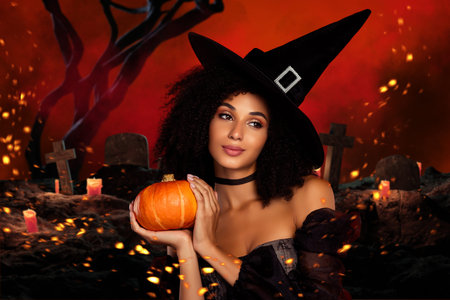 Surreal artwork collage of lady witch hold pumpkin look red dark graveyard picture background