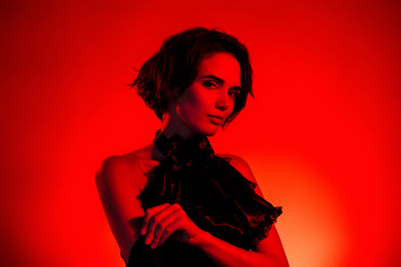 Photo of stunning alluring hot lady celebrate party in nightclub isolated on red neon backgroundの写真素材