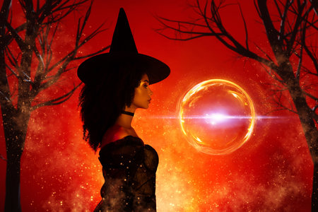 Creative banner collage of lady witch look profile side magical bubble over bright red background with drawing treesの写真素材