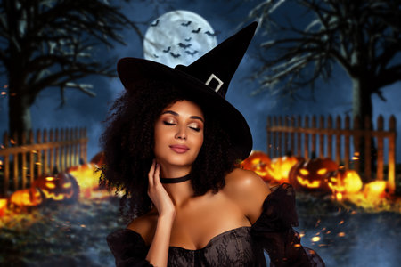 Surreal artwork collage of lady wear witch costume touch neck over night picture background with light pumpkinsの写真素材