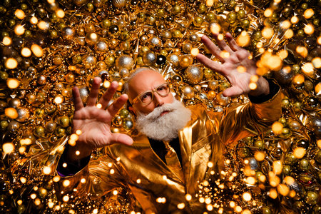 Top view photo of grandfather lying christmas tree gold toys decor make magic spell sparks wear foil style outfitの写真素材
