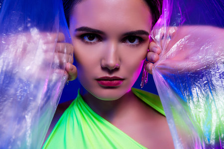 Close up photo of gorgeous lady open touch transparent curtains isolated vivid color background