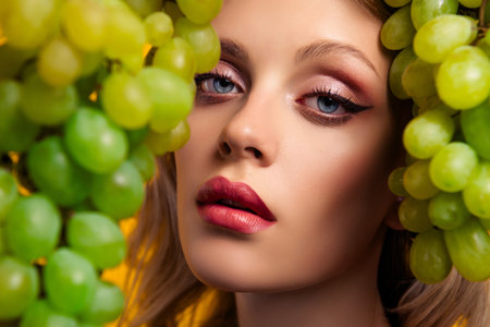 Photo of stunning dreamy lady model enjoying grape cluster garden cosmetology isolated on bright yellow backgroundの写真素材