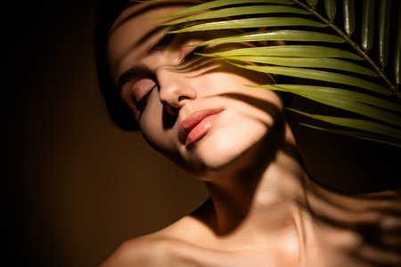 Elegant woman with natural skincare in a serene tropical light pattern backgroundの写真素材